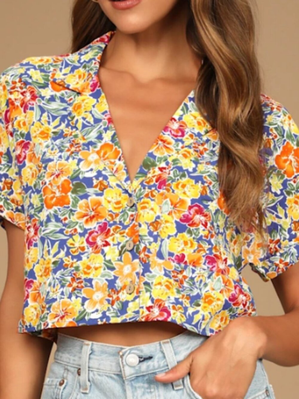 Lulus Saying Aloha Blue Multi Floral Print Collared Button-up Crop Top - Size M